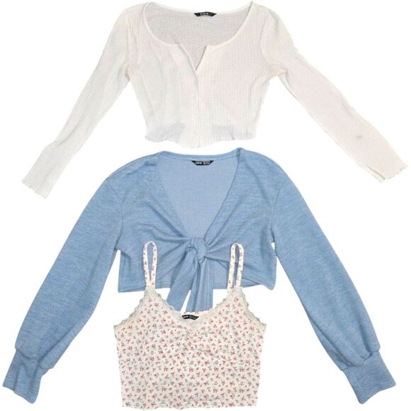 SHEIN Tops - [Set of 3] SHEIN Coquette Set Blue Tie Front Cardigan Floral Lace Crop Top Sz M